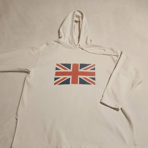 Moda Int'l  Vintage Woman's White Hoodie with Union Jack Graphic Size Large - Picture 1 of 12
